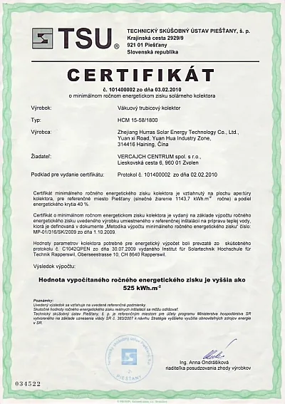 Certifikát SOLARTECH - environmentálne štandardy